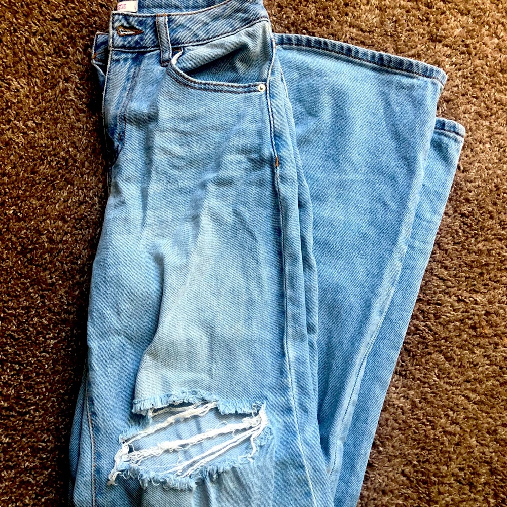 High rise wide leg distressed blue jeans